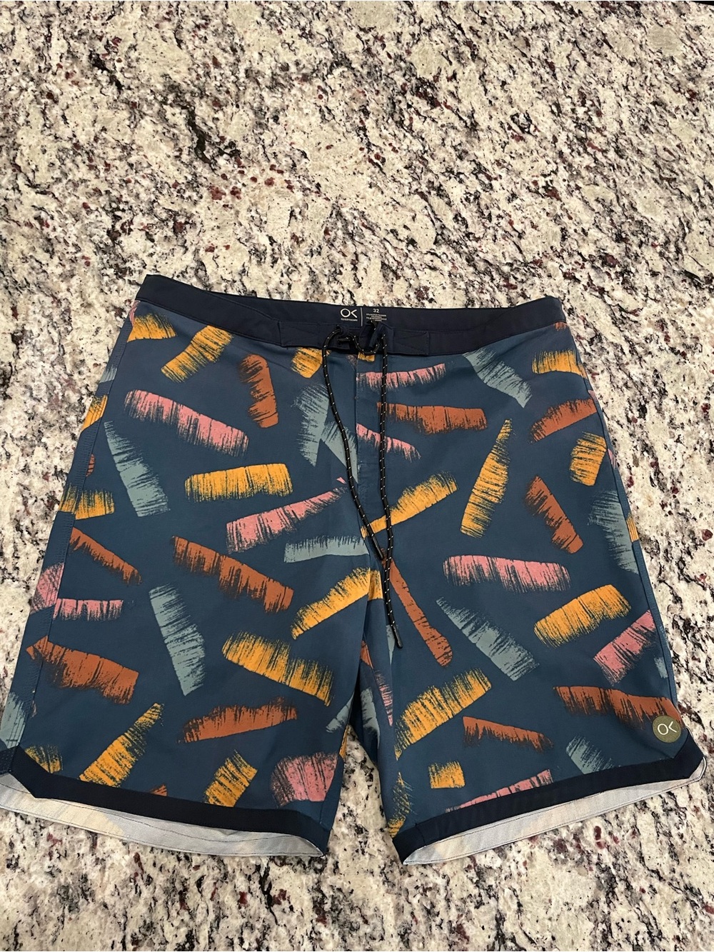 Outerknown Navy Swim Board Shorts with Multicolor Brushstroke Print